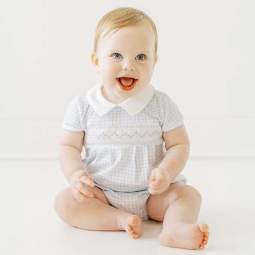 Baby Boy Blue Mini Checks Smocked Short Sleeve Bubble - Pima Cotton – Magnolia Baby