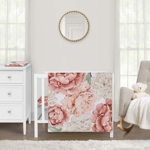 Sweet Jojo Designs Peony Floral Garden Pink and Ivory 3 Piece Mini Crib Bedding Set