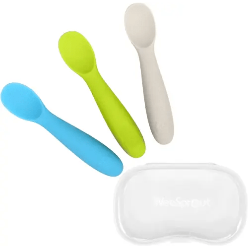 WeeSprout Baby Spoons for Self Feeding 6 Months +, Soft & Chew Proof Durable Silicone Utensils for Sensitive Gums & Teeth, Easy Grip Handles & Shorter Length for Little Hands, 3 Pack + Carrying Case