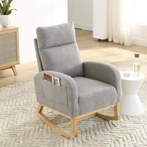 SYNGAR Modern Accent Rocking Chair, Upholstered Nursery Glider Rocker for Baby and Kids, Comfy Armchair with Side Pockets, Living Room Lounge Arm Chair, High Backrest with Wood Curved Base, Gray