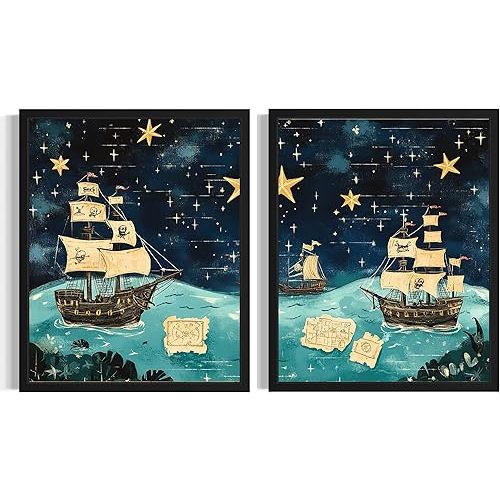 Pirates and Treasures Nursery Decor Art Print Poster - Baby Girl Room Decorations Wall Art Cute, Child Fun Painting for Children Bedroom Bathroom AA19 (Pirates and Treasures, 11 x 14 inches (2 Panels), Unframed)
