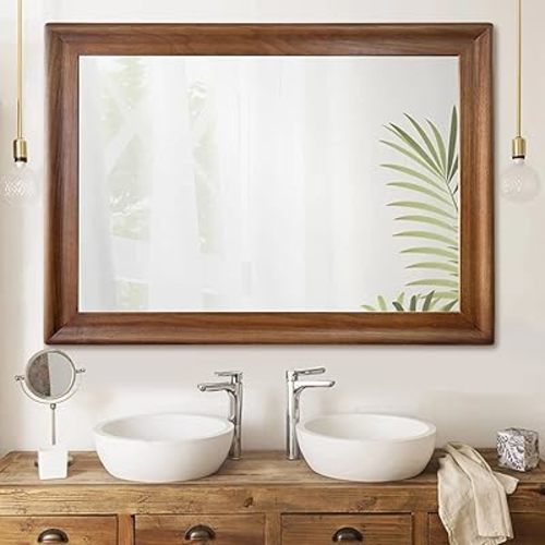 CULER Rustic Wood Wall Mirror for Bathroom,Rectangle 24 x 36 inch Hanging Vanity Mirrors with Wooden Frame for Living Room,Bedroom,Entryway(Walnut Brown)