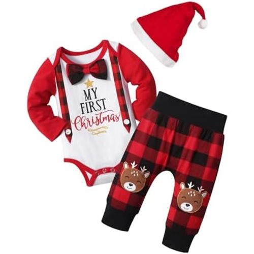 BAVADER My First Christmas Baby Boy Outfit Long Sleeve Bowtie Romper Red Reindeer Plaid Pants Baby Boy Christmas Outfit