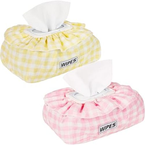 2 Pack Baby Wipes Cover – Muslin Cotton Wipes Dispenser, Universal Size Fits All Wipes & Tissues, Diaper Pouch for Nursery, Living Room & Diaper Station (Yellow+Pink)