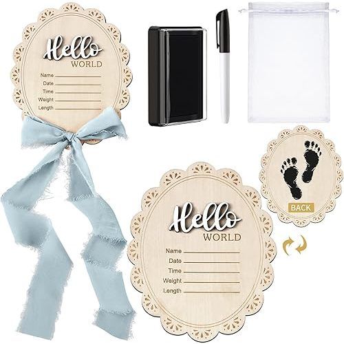 Baby Announcement Sign 7 Inch Double Sided Wooden Hello World Newborn Engraved Sign with Organza Bag Marker Pen Ink Pad Ribbon Bow for Baby Shower Hand Footprints Photo Prop (Blue Bow)