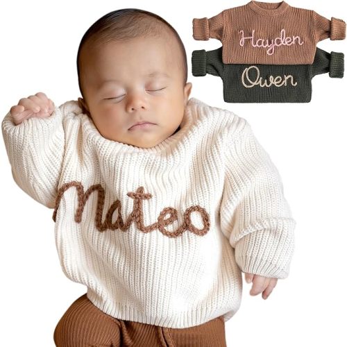 Personalized Baby Sweater with Name,Custom Knit Infant Sweater with Hand-Embroidered Name,Custom Gift for Boys&Girls