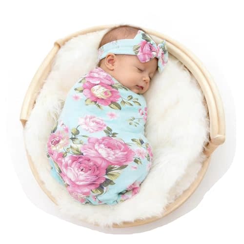 Galabloomer Baby Girl Newborn Receiving Blanket with Headband Set Baby Swaddle Nursery Swaddle Wrap with Card (Aqua)