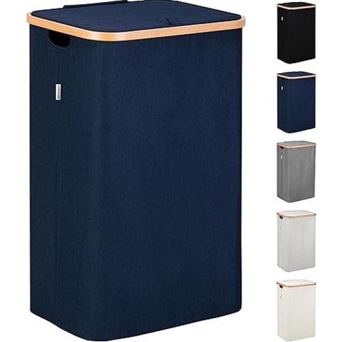 LONBET Laundry Basket with Lid, Made from Breathable Fabric | Aesthetic Clothes Hampers for Laundry with Side Handles & Sturdy Bamboo Frame (26 Gallons - Single, Blue)