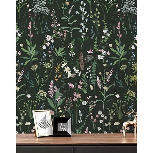 JiffDiff Floral Wallpaper Peel and Stick 118" x 17.3" Farm Floral Wildwood Stick onWall Paper Dark Self Adhesive Contact Paper Coverage 14.2 sq.ft