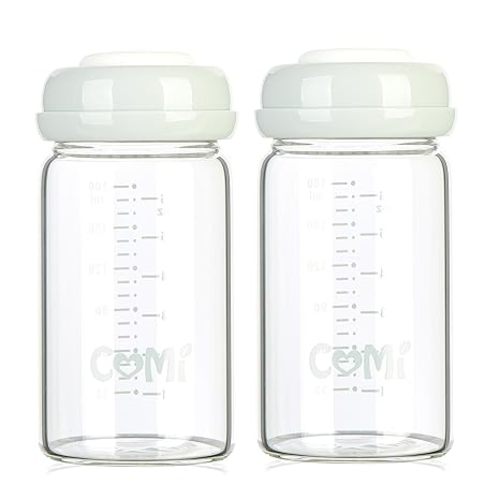 COMI Wide Neck Glass Breastmilk Collection n Storage Bottle, 6oz with Screw Ring Sealing Disk; Re-markable Sealing Disc. BPA Free, Fits Breast Pumps & Nipples (2 Pack Gray Lids)