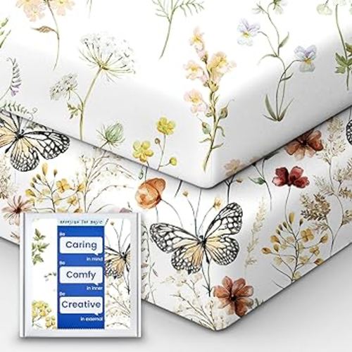 Crib Sheets for Boy Girl, Premium Soft Butterfly Crib Mattress Fitted Sheet, Ultra Breathable Baby Sheets, Super Stretchy Baby Bed Sheets 28''x52''x9'' Extra Deep Pocket, 2 Pack