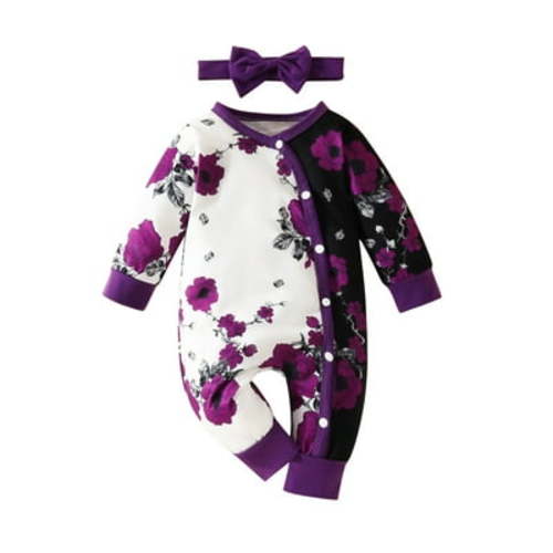 Baby Girl Flower Graphic Footies Newborn Colorblock Botton Sleeper 2 Pack Pajamas Romper Coming Home Outfit with Bow Headband
