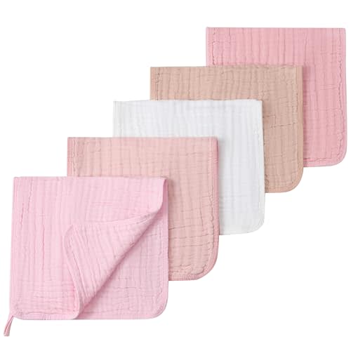 Muslin Burp Cloths 5 Pack Large 20x12 inches Baby Burping Cloths, 6-Layer 100% Cotton for Newborn Boys Girls, Ultra Soft & Absorbent (White & Pink)