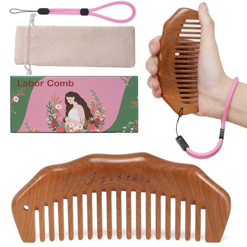 Labor Comb with Wrist Strap, Birthing Comb for Labor Pain | with Gift Box and Stroage Pouch, No Statics Wood Comb for Hair Combing, for Scalp Massage and Distribute Oils, Peachwood Comb