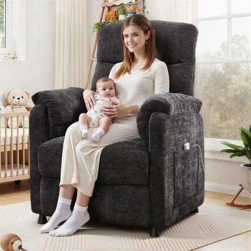 Electric Power Recliner Chair, Modern Chenille Fabric Recliner with Side Pocket & Remote, Nursery Recliner Chair for Living Room Small Space, Black