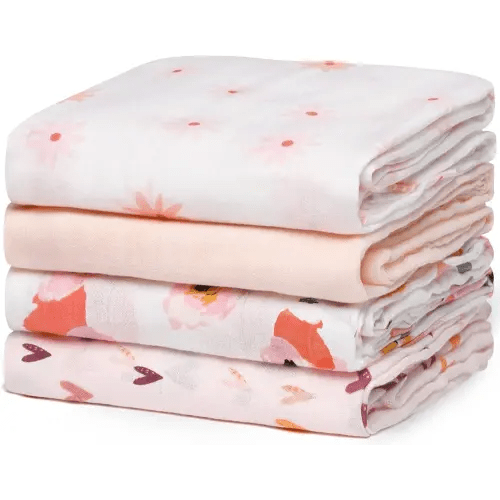 Momcozy Lot de 4 couvertures à emmailloter en mousseline de bambou respirante pour bébé garçon et fille, douces pour la peau, unisexe, motif fleur rose, 119,4 x 119,4 cm