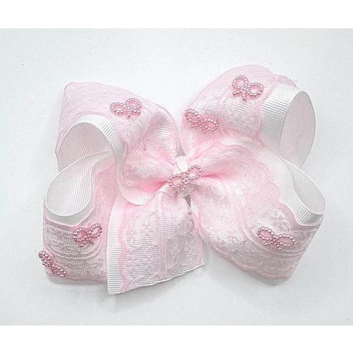Pink Lace Bow with Pearls, Large Southern Bow, White Lace Bow, Coquette Bows, Lacey Bows, 5-6 Inch Bows, Girley Bow, Big Bows for baby