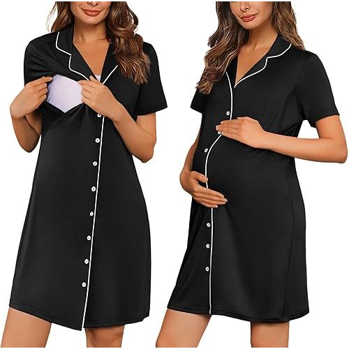 Ekouaer Button Down Nursing Nightgown V Neck Breastfeeding Dress Short Sleeve Classic Maternity Pajamas