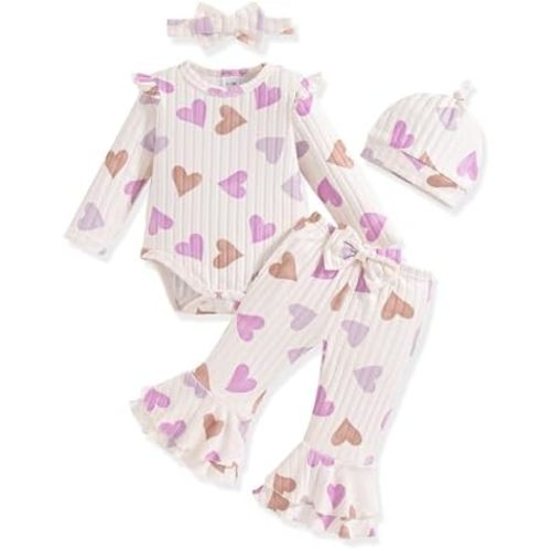 Vibebox Preemie Newborn Baby Girl Clothes Fall Winter Outfits Infant Girls Long Sleeve Ruffle Romper Bell Bottoms Pants Sets