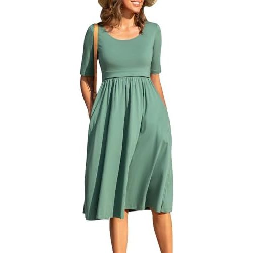 Women's Nursing Dresses Breastfeeding Comfortable Cotton Midi Breastfeeding Dress with Pockets