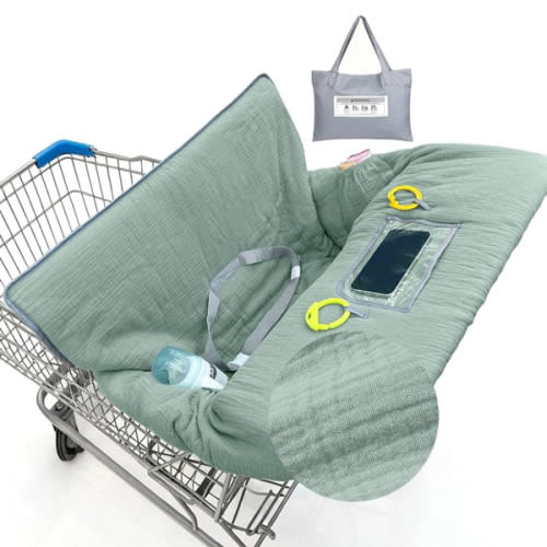 Muslin Shopping Cart Cover for Baby Soft & Breathable High Chair Covers for Restaurant Seat Grocery Cart Cover with Storage Pocket Machine Washable for Infant Toddler Boy Girl, Sage Green
