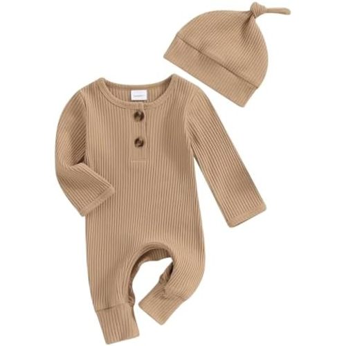 Infant Boys Girls Clothes Set Newborn Baby Romper Hat Ribbed Knit Long Sleeve Button Solid Bodysuit Jumpsuit