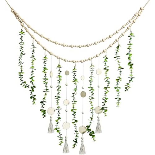Hanging Eucalyptus Boho Wall Decor Large Boho Bedroom Wall Hanging Wooden Bead Garland Artificial Eucalyptus Natural Greenery Decoration, 36 x 36 Inch (Simple Color, Wood Chip Style)