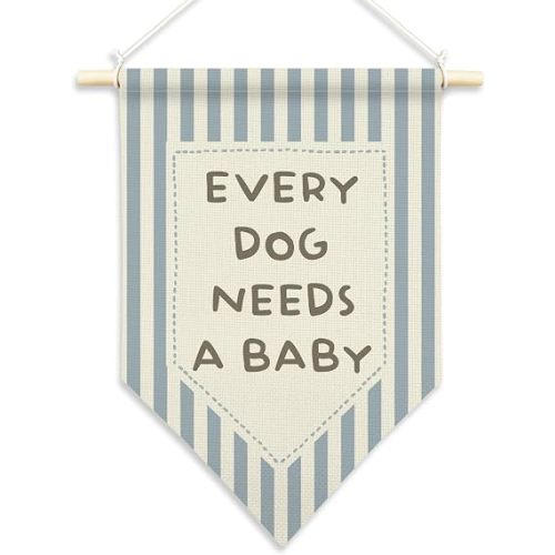 Hiuwevt Funny Every Dog Needs a Baby Wall Art, Dog Nursery Pennant Flag Poster Hanger Frame, Baby Shower Gender Reveal Blue Striped Wall Art Decor for Kids Nursery Room Bedroom Playroom, 11x15 Inch