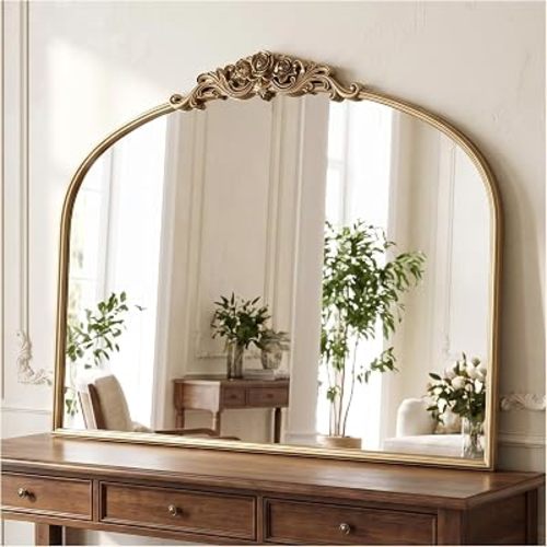 40"x30" Vintage Gold Mirror,Large Arched Baroque Wall Mirror