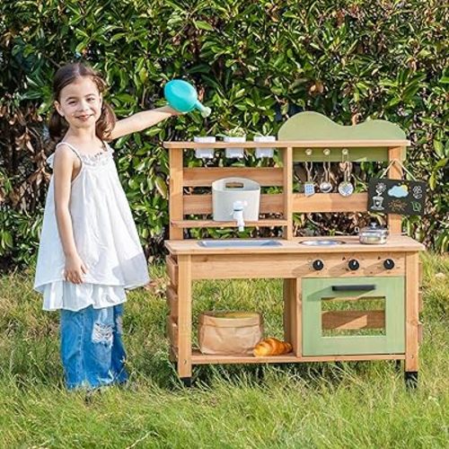 ROBUD Outdoor Play Kitchen for Kids, Wooden Kids Mud Kitchen Set with Removable Sink, Planting Cup, Oven, Chalkboard, Utensils & Storage, Green Outdoor Playset for Ages 3+