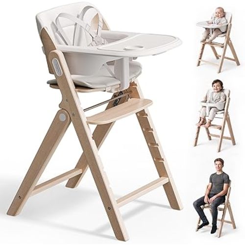 Mamazing GrowPod Pro Wooden Baby High Chair for 6 Months to 220lbs, Easy to Clean with Tray, Compact Foldable Highchair for Kitchen & Dining Room, with 5-Point Safety Harnesses and Guard Bar