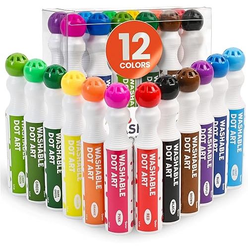 Playkidiz Washable Dot Markers for Toddlers, 12 Colors (40ml 1.35oz) Paint Marker Dot Art Set, Water Based Non-Toxic Bingo Daubers for Kids