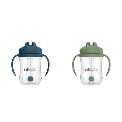 Dr. Brown's Milestones Baby's First Straw Cup, Training Cup with Weighted Straw, 9 oz/270 mL, BPA-free, 6m+, Dark Blue/Olive Green, 2-Pack