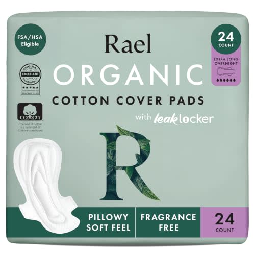 Rael Organic Cotton Cover Sanitary Pads for Women (XL Overnight, 24 Ct) | Ultra Thin Period Pads with Wings for Women, Ultimate Absorbency, Unscented, Chlorine Free, Period Essentials, Feminine Care