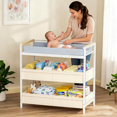 Baby Changing Table with Safety Bumper, Sturdy Diaper Change Station with Adjustable Devider in Large Storage Bin, Nursery Dresser for for Cloth Change, Baby Furniture Diaper Organizer,White