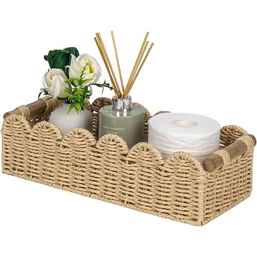 CubesLand Scalloped Edge Toilet Paper Storage Basket, Living Room Home Cozy Decor Basket, Paper Rope Small Baskets for Over Toilet Storage Shelf, End Table, Shelves, with 2 Wooden Handles, Beige