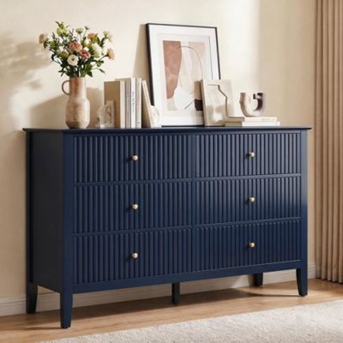 Heynemo 6-Drawer Fluted Vanity Dresser – Blue, Water-Resistant, P2 MDF, Anti-Tip, Soft-Close Drawers for Bedroom & Bathroom