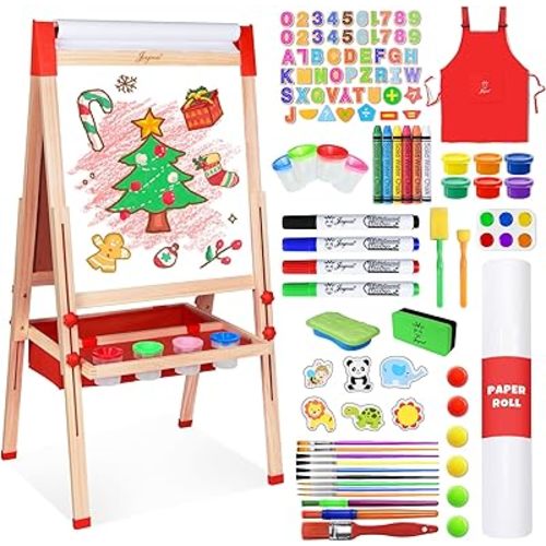 Joyooss Art Easel for Kids Easel for Toddlers,Adjustable Standing Double Sided Toddler Easels Kid Art Chalkboard with Paper Roll & Whiteboard,Easel for Kids Age 4-8 9-12