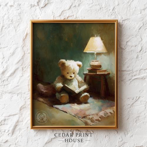 Teddy Bear Reading Art - Warm Vintage Nursery Wall Art, Rustic Printable, Cozy Children's Room Decor, Moody Painting Digital Download
