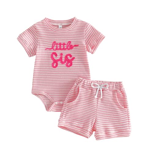 allshope Newborn Baby Girl Summer Outfit Romper Little Sister Lil Sis Embroidery Jumpsuit Tops Shorts Infant Waffle Clothes