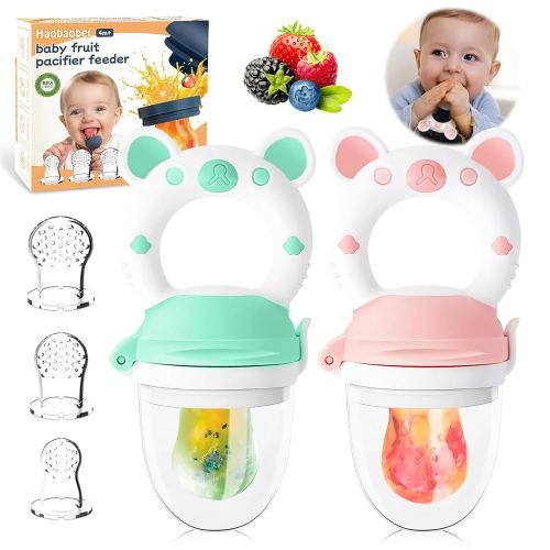 Baby Fruit Feeder with with 2 Extra Teats, Toddler Eating Essentials, BPAFree Feeding Supplies, Silicone Fresh Food Feeder for Safe Infant Self Feeding (Bear- Blue Pink)