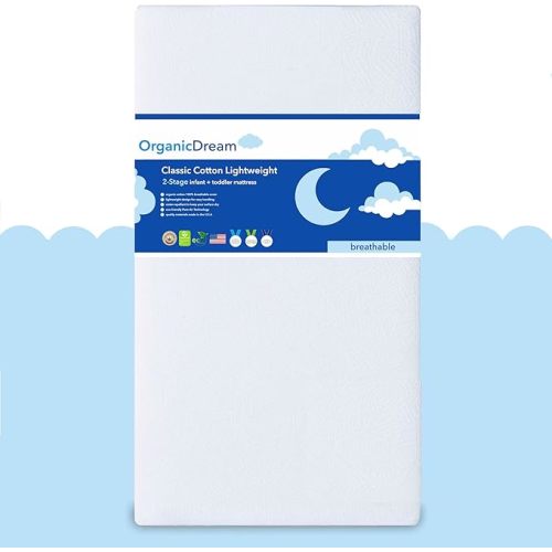 ORGANICDREAM Crib Mattress + Toddler Bed - 100% Breathable Proven to Reduce Suffocation Risk, Hypoallergenic, GREENGUARD Certified - Lightweight 2-Stage Removable Cover - Deluxe 6" Thick - White