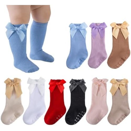 Baby Knee High Socks Girls Newborn Infants Toddlers Cotton Bow Ruffle Long Socks Non Slip Stockings Dress Socks