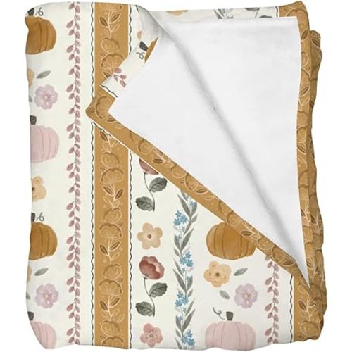 Autumn Pumpkin Flowers Stripes Baby Blankets for Girl Boy Boho Pumpkin Fall Floral Infants Toddler Crib Stroller Nursery Swaddle Receiving Blanket Retro Thanksgiving Harvest Bed Blanket 50x60inch