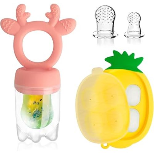 Baby Fruit Food Feeder - Silicone Nibble Tray Combo - Breastmilk Popsicle Mold for Cooling Relief, BPA Free Mesh Feeder for Infant Self Feeding (Deer Pink + Pineapple)