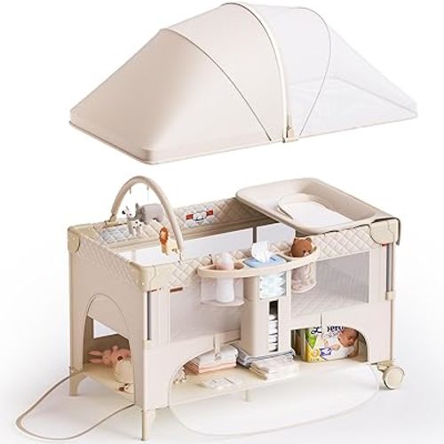 4 in 1 Baby Bassinet,Pack and Play,Bedside Crib Sleeper,Baby Bassinets Bedside Sleeper with Diaper Changer, Mosquito Net,Bottom Storage and Toy Bar for Newborn to Toddles (Beige)