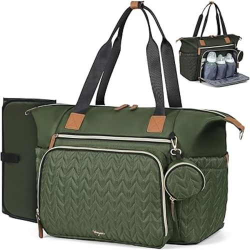 Diaper Bag Tote, Large Baby Diaper Bags Waterproof, Hospital Bag for Labor Delivery with Pacifier Case, Changing Pad, Shoulder Strap, Dark Green
