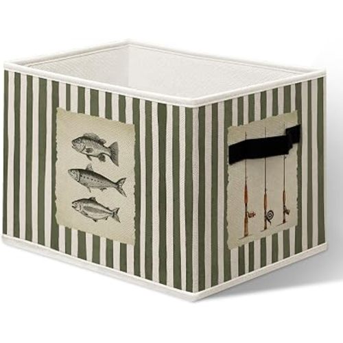 Vintage Fishing Rod Fish Storage Boxes, Fishing Theme Decor Cube Storage Bin for Home Living Room Closet Books, Green Striped Fish Organizer Bins for Shelves, 14.2"x10.6" x10.6"
