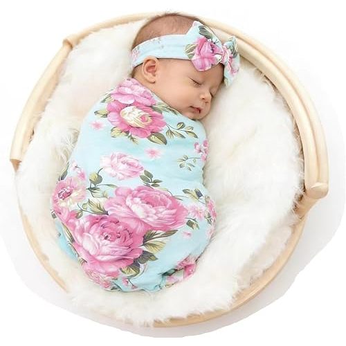 Galabloomer Newborn Receiving Blanket Headband Set Baby Flower Swaddle