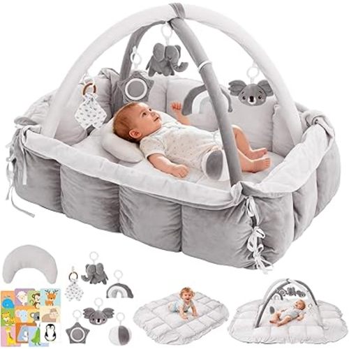 5-in-1 Baby Play Gym and Tummy Time Mat, Tummy Time Pillow & 12 Learning Cards, Plush Activity Mat with 6 Toys, Baby Gym, Convertible to Ball Pit, Baby Gift, Grey